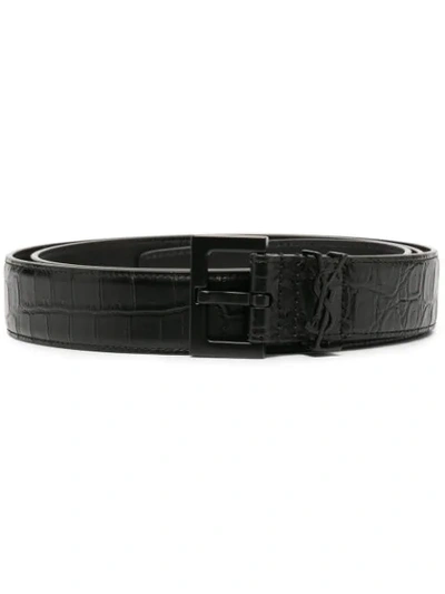 Saint Laurent Crocodile- Effect Leather Belt In Black