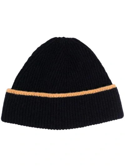 Ymc You Must Create Ribbed Knit Contrast Trim Beanie Hat In Blue