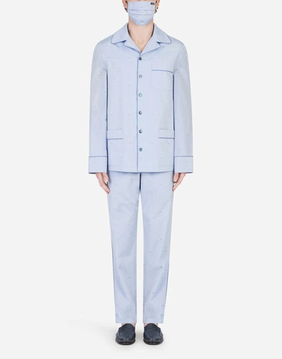Dolce & Gabbana Polka-dot Jacquard Pajama Set With Matching Face Mask In Azure