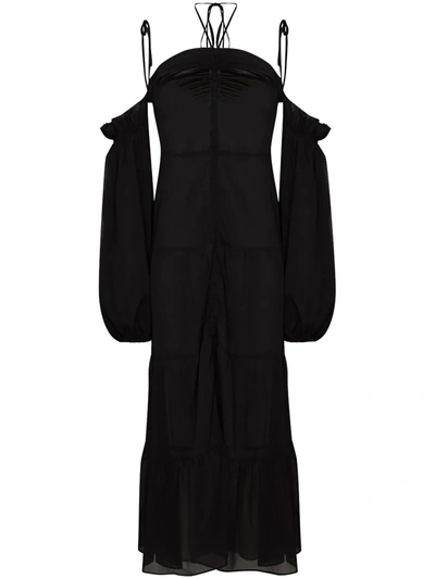 Sleeping With Jacques Semi-sheer Off-shoulder Midi Dress In Black