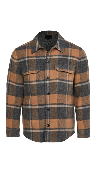 Vince Slim Fit Plaid Wool Blend Overshirt In Camel