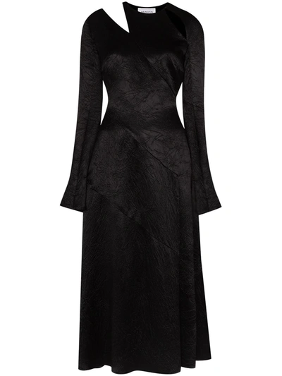 16arlington 'ursinia' Cut Out Shoulder Asymmetric Tier Crinkle Satin Midi Dress In Black