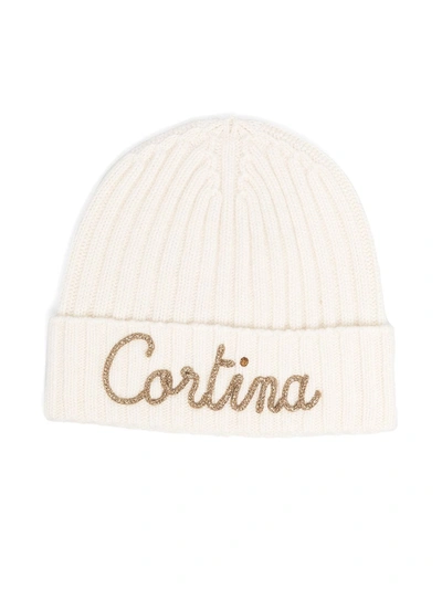 Mc2 Saint Barth Kids' Embroidered Logo Knit Beanie In Neutrals