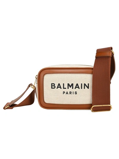 Balmain B-army Logo-print Crossbody Bag In Beige+cuoio
