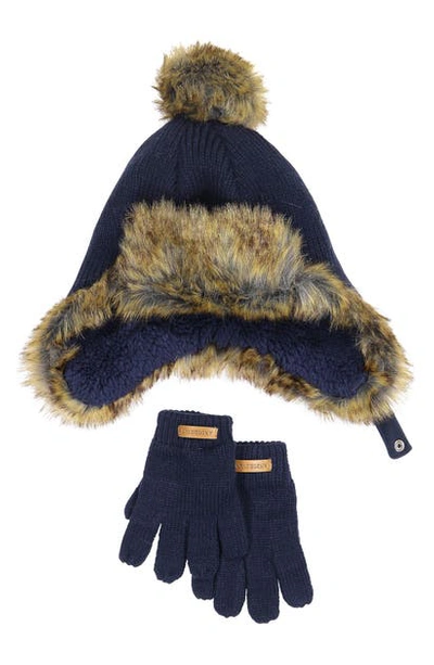 Andy & Evan Kids' Faux Fur Trim Hat & Glove Set In Nvd-navy