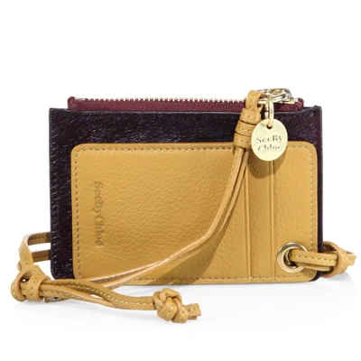 See By Chloé Leather & Calf Hair Card Holder In Grenato-caramel