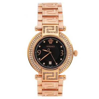 Pre-owned Versace Black Rose Gold Plated Stainless Steel Diamond Reve 68q Women's Wristwatch 35 Mm