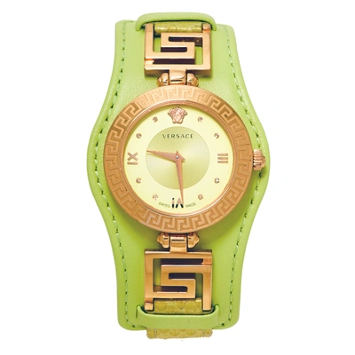 Pre-owned Versace Yellow Green Rose Gold Plated Stainless Steel V Signature Vla070014 Women's Wristwatch 35 Mm