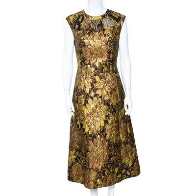 Pre-owned Dolce & Gabbana Gold Floral Jacquard Royal Embellished Midi Dress M