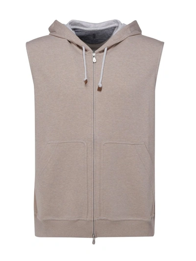 Brunello Cucinelli Hooded Fleece Vest In Dark Beige