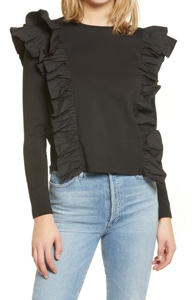 English Factory Poplin Ruffle-trim Long-sleeve T-shirt In Black