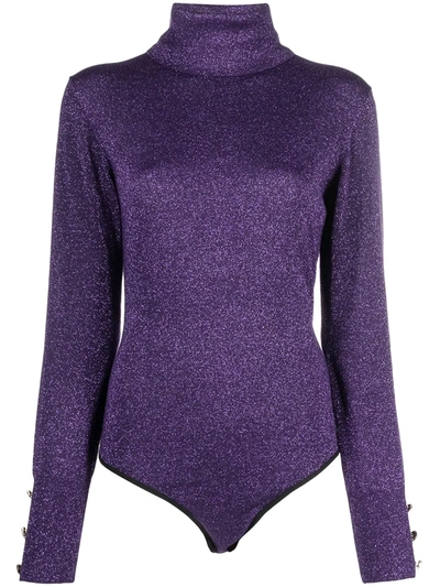 Diane Von Furstenberg Malka Metallic Merino Wool-blend Turtleneck Bodysuit In Purple
