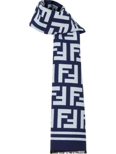 Fendi Ff Logo Wool & Silk Scarf In Blue