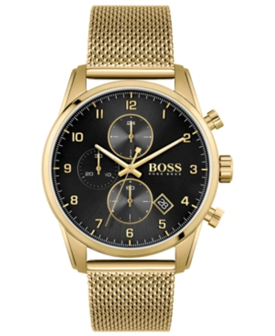 Hugo Boss Men's Skymaster Gold-tone Stainless Steel Mesh Bracelet 44mm In Black/gold