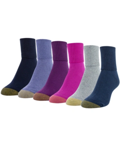 Gold Toe Women's Casual Turn Cuff 6pk Socks In Teal, Glacier, Dark Pink, Grape, Skipper Blue, Peacoat