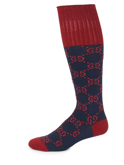 Gucci Men's Interlocking G Socks In Navy Red