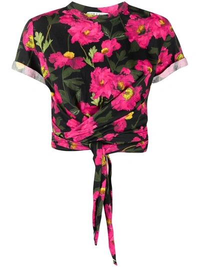 Alice And Olivia Jasper Floral Roll-sleeve Tie-waist T-shirt In Multi-colour
