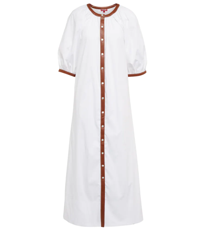 Staud Vincent Vegan Leather-trimmed Cotton-blend Poplin Dress In White