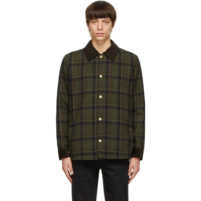 Apc Alan Corduroy-collar Checked Wool-blend Jacket In Green