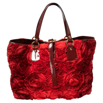 Pre-owned Valentino Garavani Red Floral Applique Satin And Patent Leather Shopper Tote
