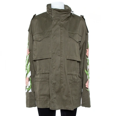Pre-owned Off-white Olive Green Cotton Twill Tulip Embroidered Parka M
