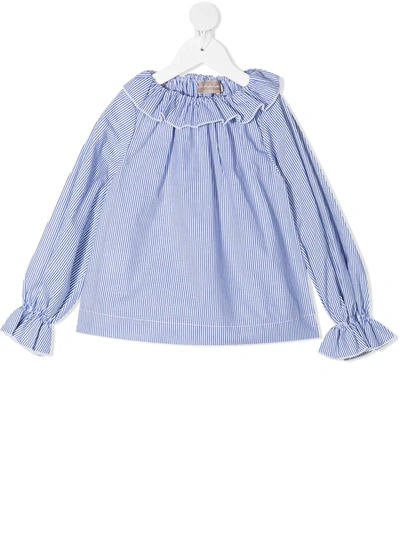 La Stupenderia Kids' Stripe-print Ruffle-trim Blouse In Blue