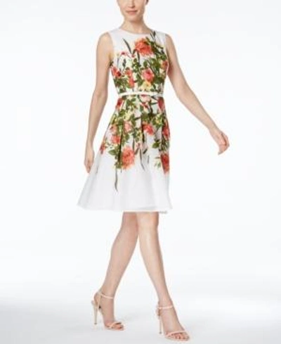 Tommy Hilfiger Floral-print Belted Fit & Flare Dress In White/green Floral