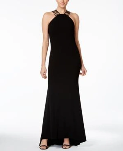 Calvin Klein Lattice Halter Gown In Black