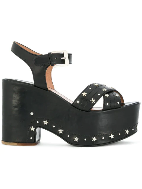 Helissa Star Studded Platform Sandals, Black Buckle Star Platform Sandals, Black
