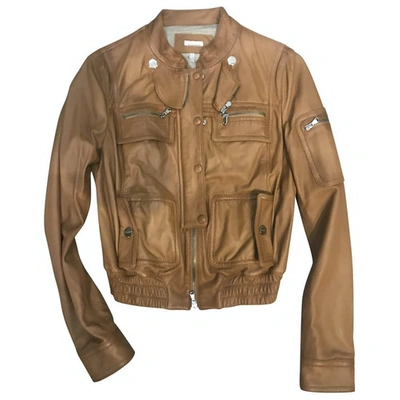 Pre-owned Pinko Leather Biker Jacket In Beige