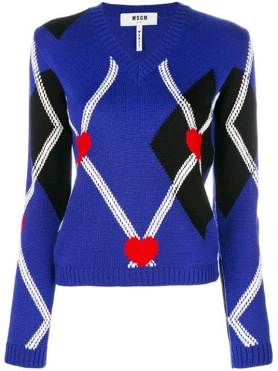 Msgm Argyle Long-sleeve V-neck Sweater, Navy In Blue