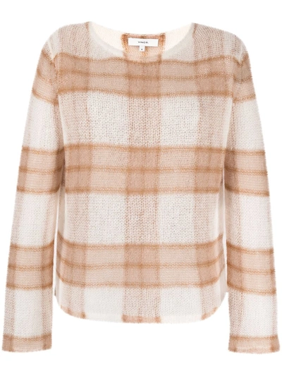 Vince Brushed Checked Knitted Sweater In Brown
