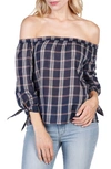 Paige Antonia Plaid Off-the-shoulder Top In Dark Ink Blue Baked Apple