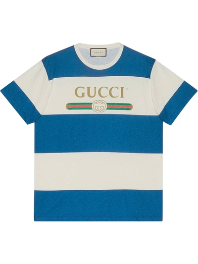 Gucci Fake Logo Stripe T-shirt In Blau