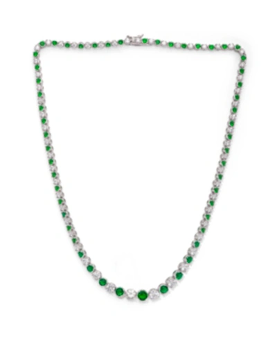 Macy's Simulated Emerald Round Link Graduated Necklace In Silver Plate In Green