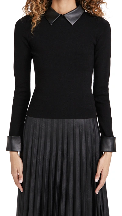 Alice And Olivia Dory Faux Leather-trimmed Stretch-knit Jumper In Black