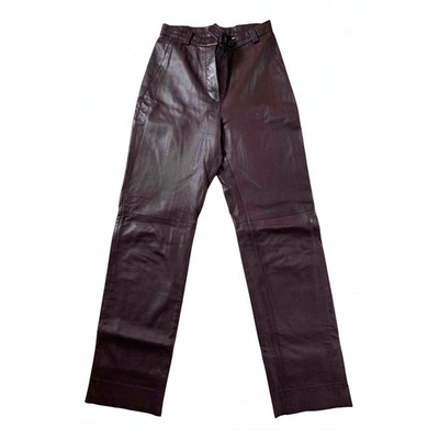 Pre-owned Marc Cain Leather Straight Pants In Burgundy