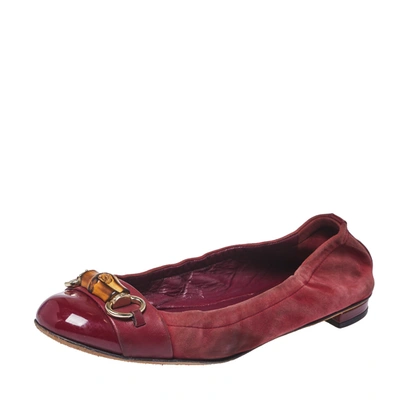 Pre-owned Gucci Burgundy Suede And Patent Leather Bamboo Horsebit Ballet Flats Size 39