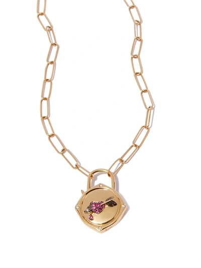 Annoushka 18kt Yellow Gold Lovelock Heart & Arrow Diamond And Pink Sapphire Charm On 14kt Yellow Gold Mini Cab