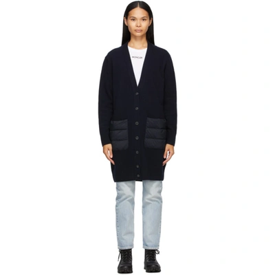Moncler Quilted Down & Wool Long Cardigan In Navy