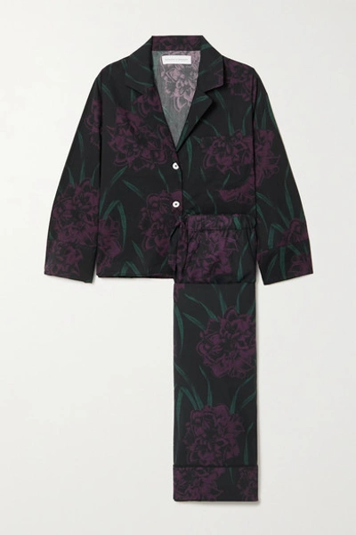 Desmond & Dempsey Narcissus Floral-print Organic Cotton Pajama Set In Black