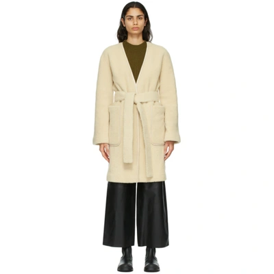 Loewe Belted Leather-trimmed Shearling Coat In Cream