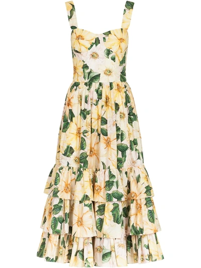 Dolce & Gabbana Camellia Print Cotton Poplin Midi Dress In Yellow,pink,green