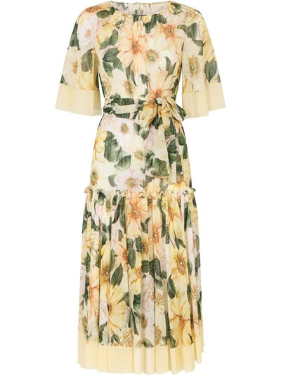 Dolce & Gabbana Camellia-print Georgette Midi Dress With Cape Detail In Floral Print