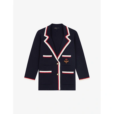 Maje My Veste Embroidered Woven Cardigan In Navy