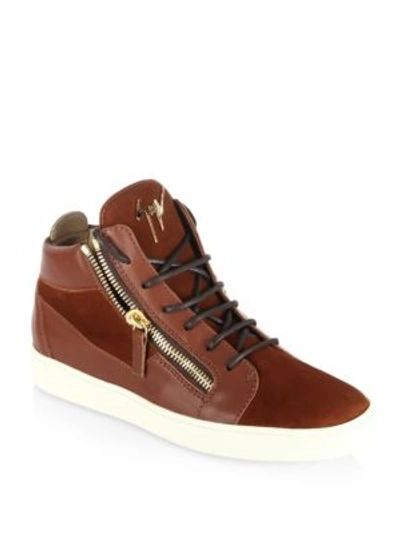 Giuseppe Zanotti Double-zip Leather & Suede Mid-top Sneakers In Red