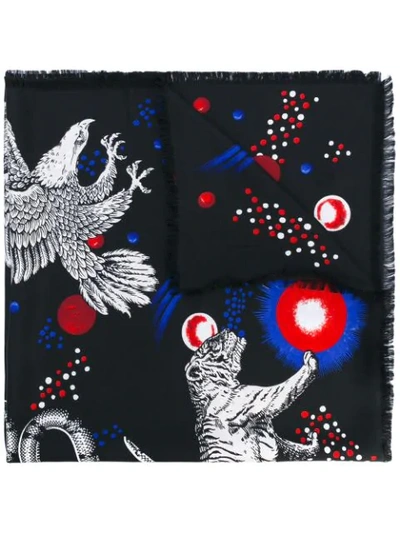 Gucci Space And Animal-print Wool And Silk-blend Scarf In Black