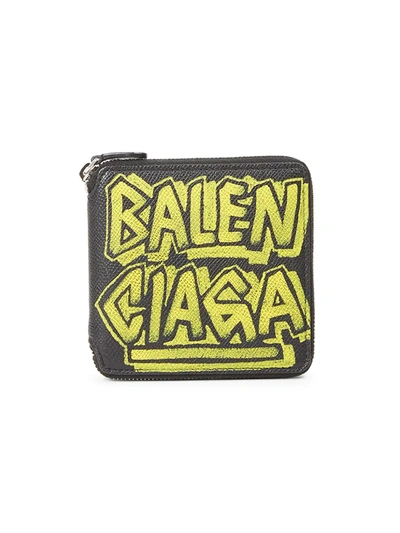 Balenciaga Men's Ville Square Leather Wallet In Black Yellow
