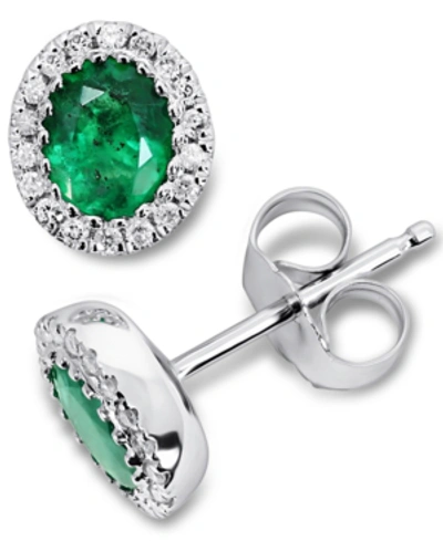 Macy's Emerald (5/8 Ct. T.w.) & Diamond (1/10 Ct. T.w.) Oval Halo Stud Earrings In 14k White Gold