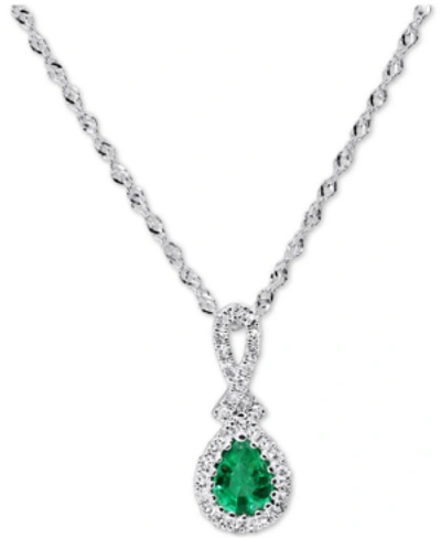 Macy's Emerald (1/4 Ct. T.w.) & Diamond (1/10 Ct. T.w.) Teardrop 18" Pendant Necklace In 14k White Gold